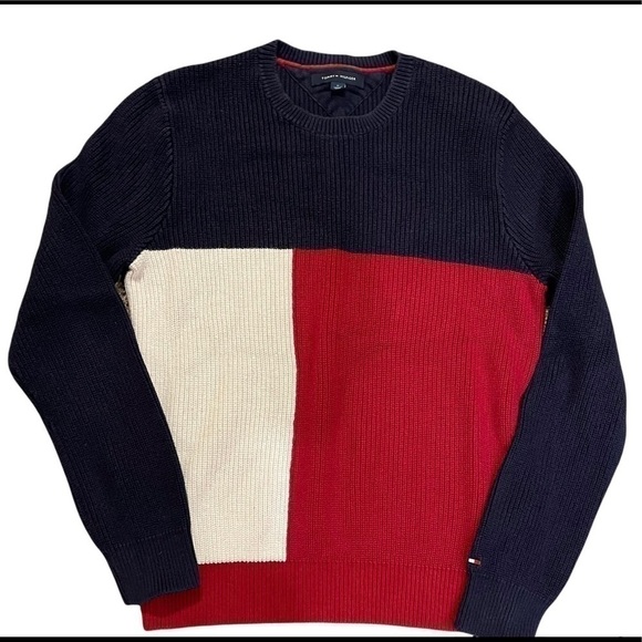 TOMMY HILFIGER Ribbed Color Block Sweater Flag Logo - Picture 2 of 5
